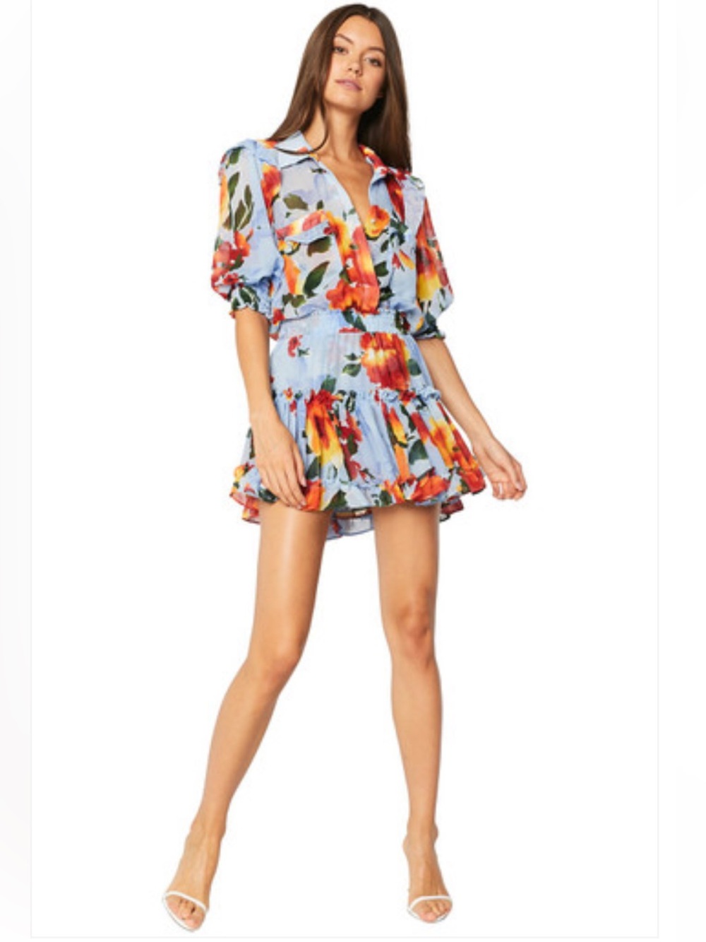MISA Los Angeles Enya Floral Ruffle Chiffon Mini Shirtdress Blue Size M